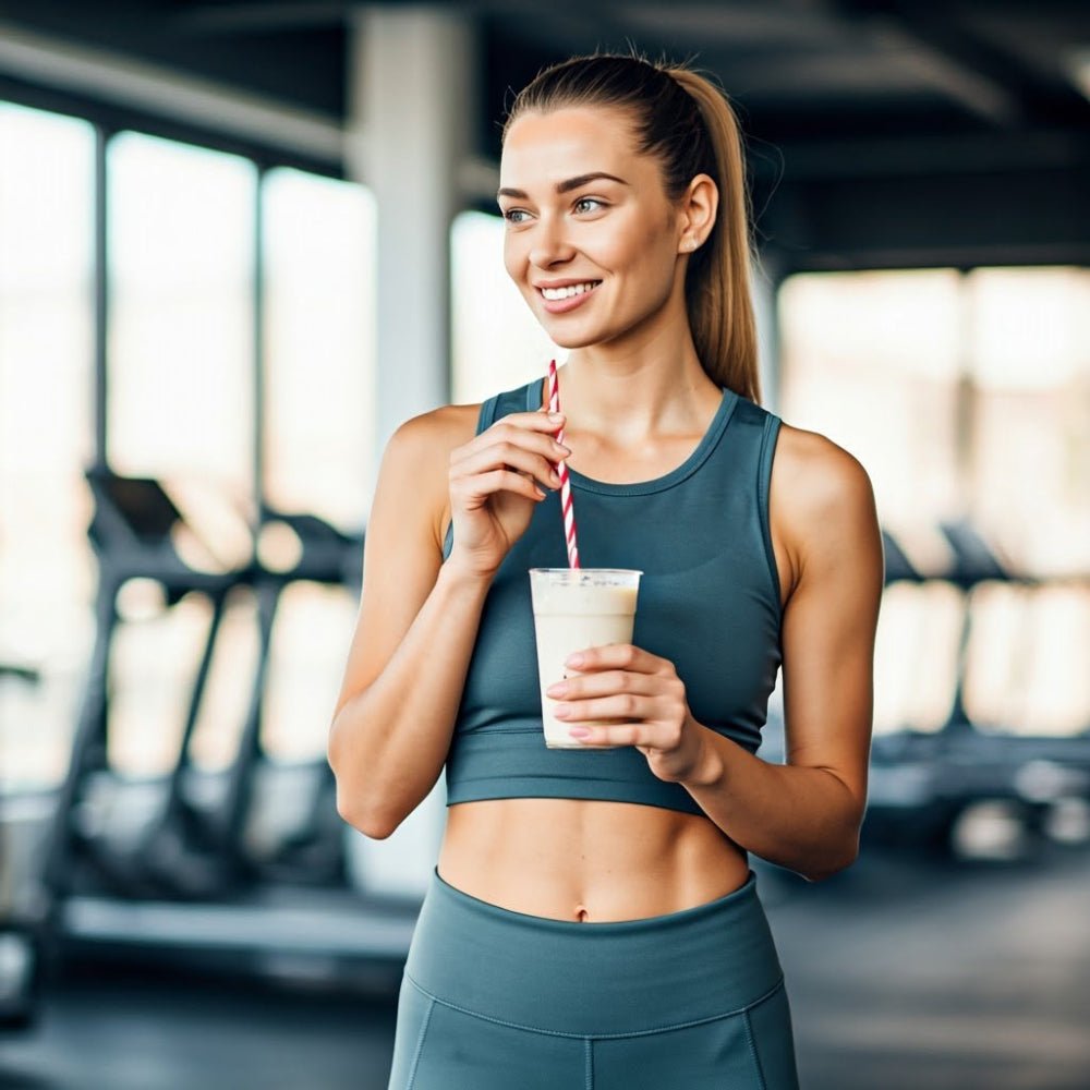 Woman at gym drinking a Rockin Wellness vanilla protein smoothie
