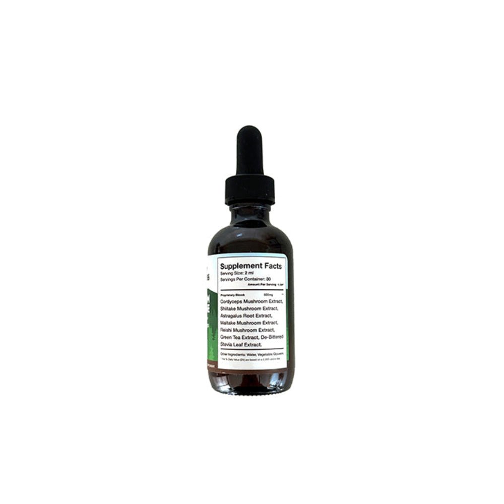 Rockin Wellness Mushroom Defense tincture bottle with immune-boosting mushroom blend bottle back