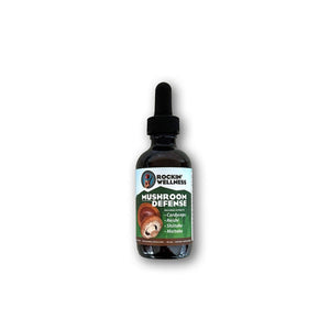 Rockin Wellness Mushroom Defense tincture bottle with immune-boosting mushroom blend bottle