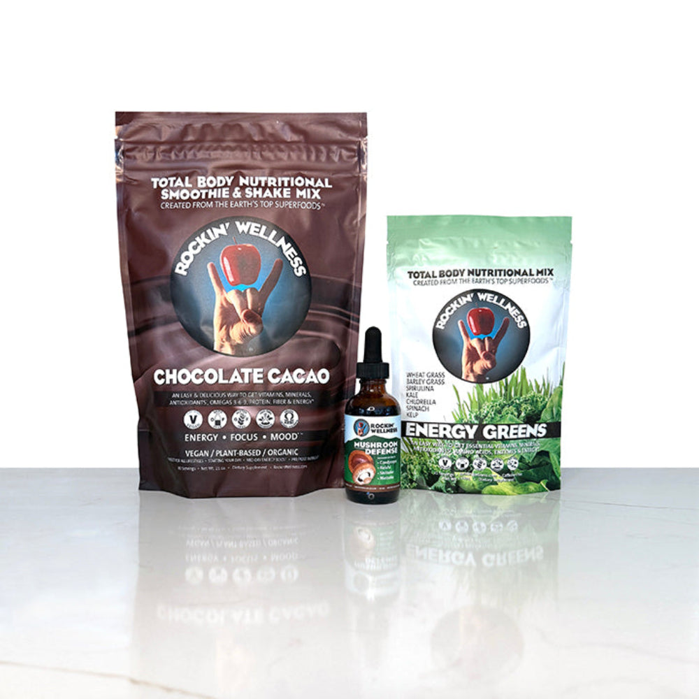 Rockin Wellness Immunity Support Bundle - Chocolate Cacao, Energy Greens and Mushroom Defense Tincture