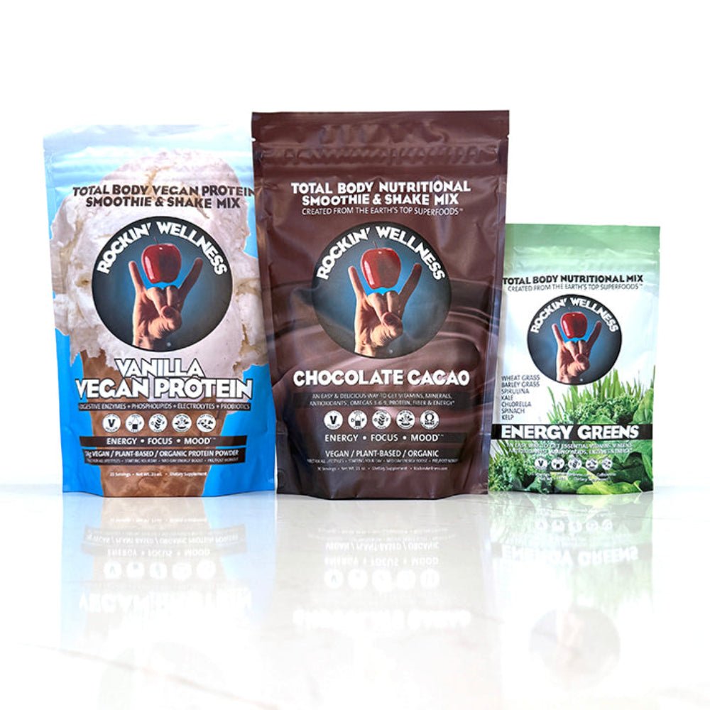 Rockin Wellness Total Health Bundle - Chocolate Cacao, Vanilla Protein & Energy Greens - Vegan Superfood by Rockin Wellness